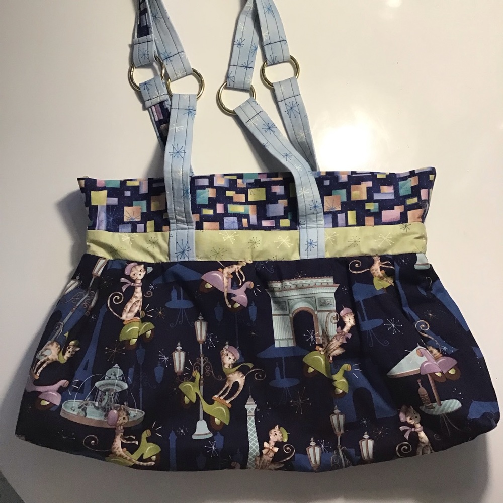 Handmade Blue Cloth Paris Cat, Feline, Kitty Travel Bag, Purse